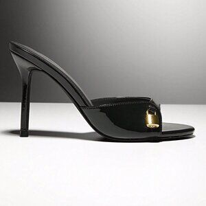 Black Elegant Women's Slip-On Heeled Sandals With Lock Decor